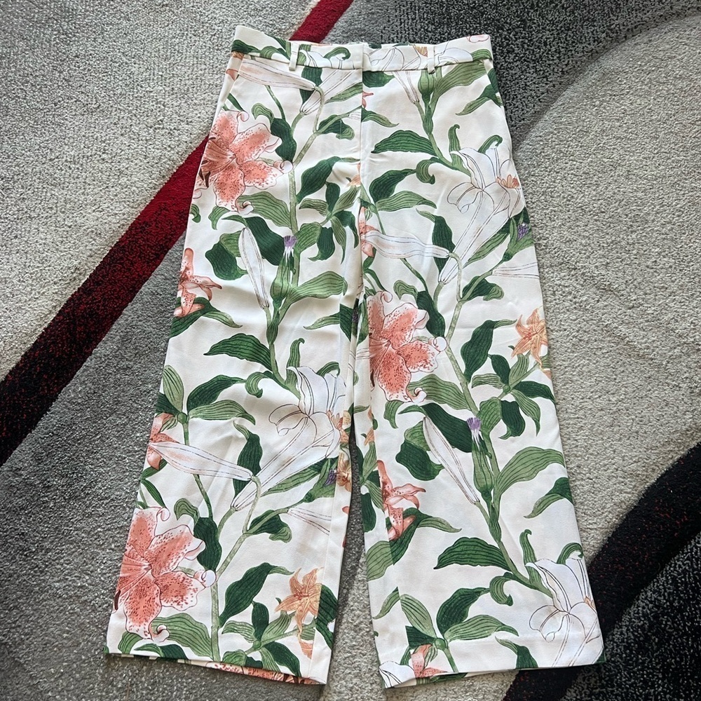 Ann Taylor Tropical Floral Ivory Wide Leg Pants